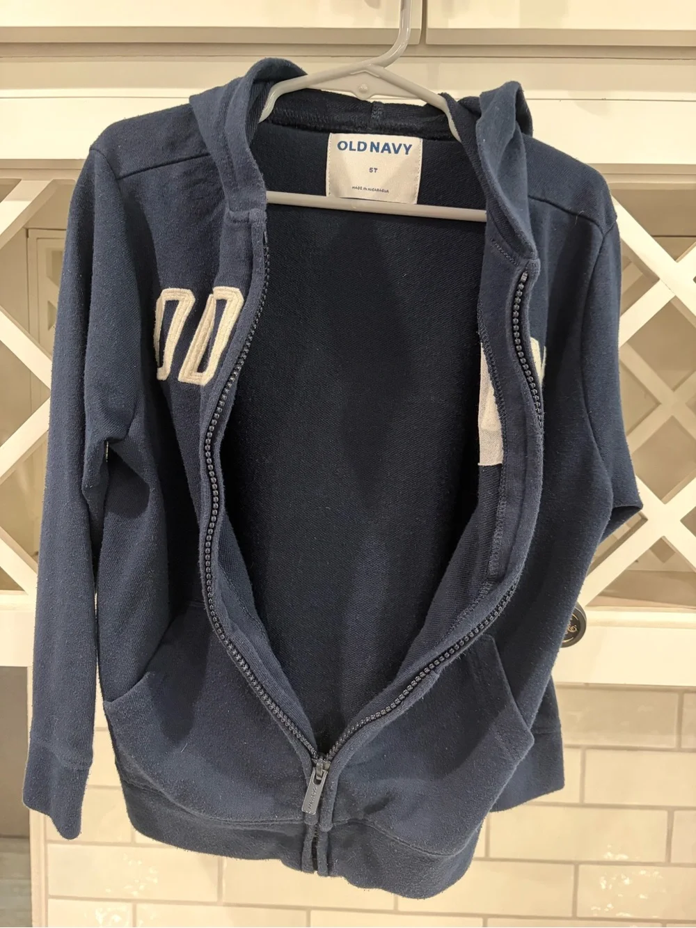 Old Navy Navy Blue Hooded Zip-Up Sweatshirt with White Logo 5T